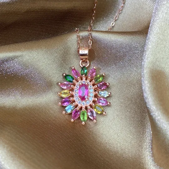 Sunflower Series-Natural Turmalin GemstoneS925 Halskette