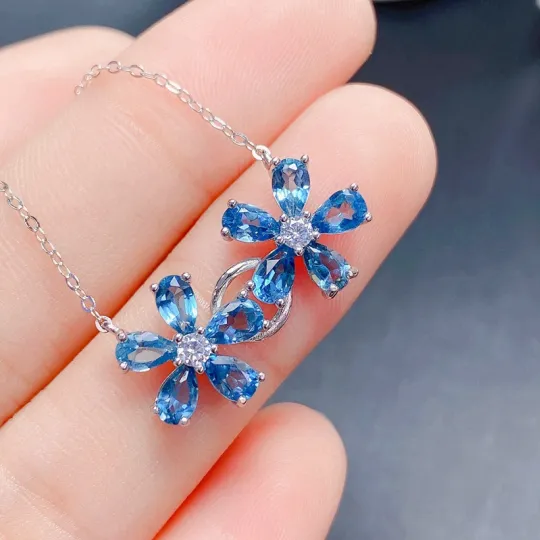 Sunflower Serie-Natural London Blue Topaz Edelstein S925 Halskette
