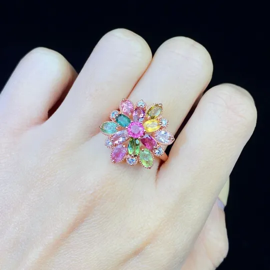 Bunter Sonnenblume-natürlicher Turmalin-Edelstein-S925-Ring
