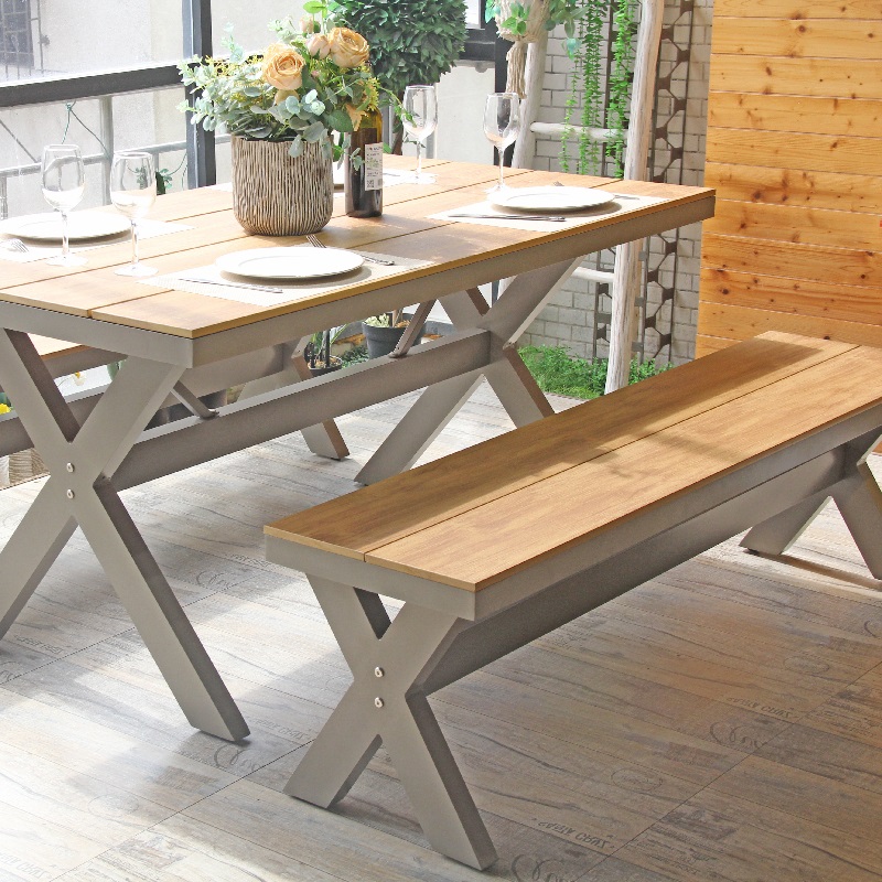 Outdoor Patio Wooden Look Rectangular Tables And Chairs Bench Sets