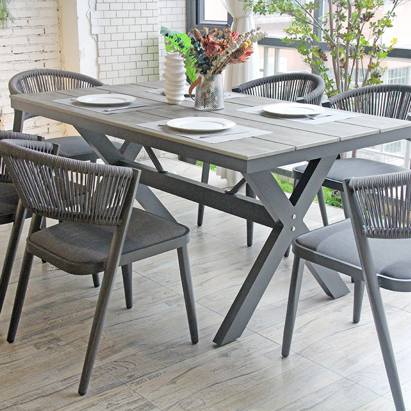 French Style Aluminum Legs Waterproof Wicker Rope Ratan Furniture Set Garden Table And Chairs