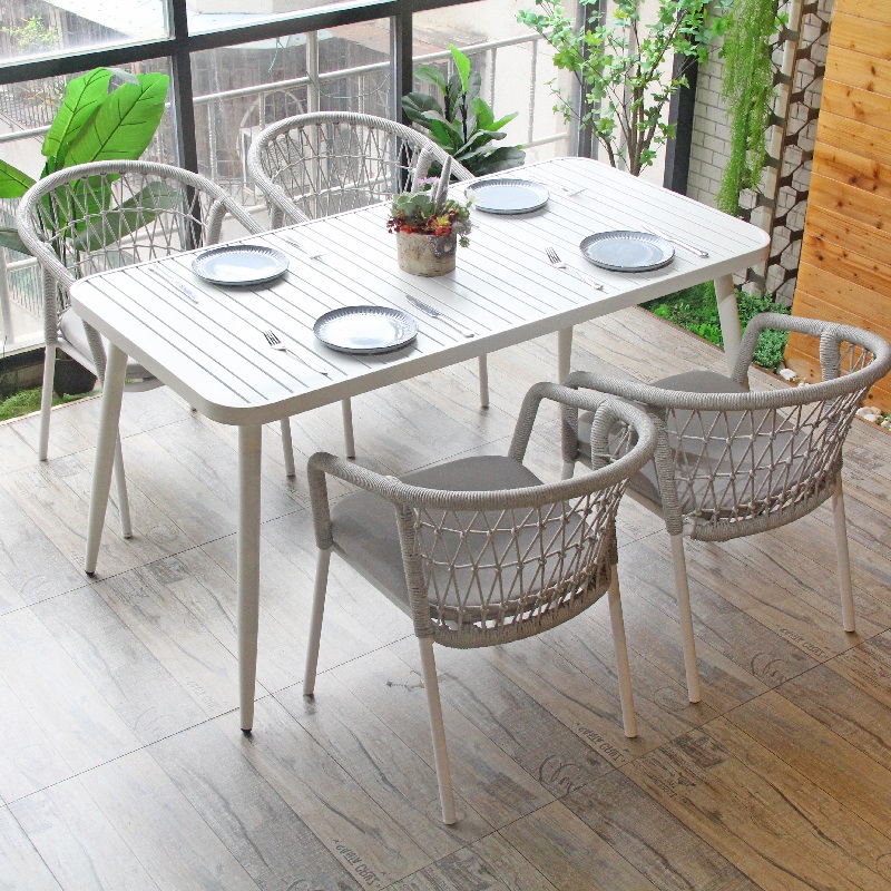 Modern Leisure Aluminium Frame Mesh Back Rattan Wicker Rope Outdoor Dining Armchair