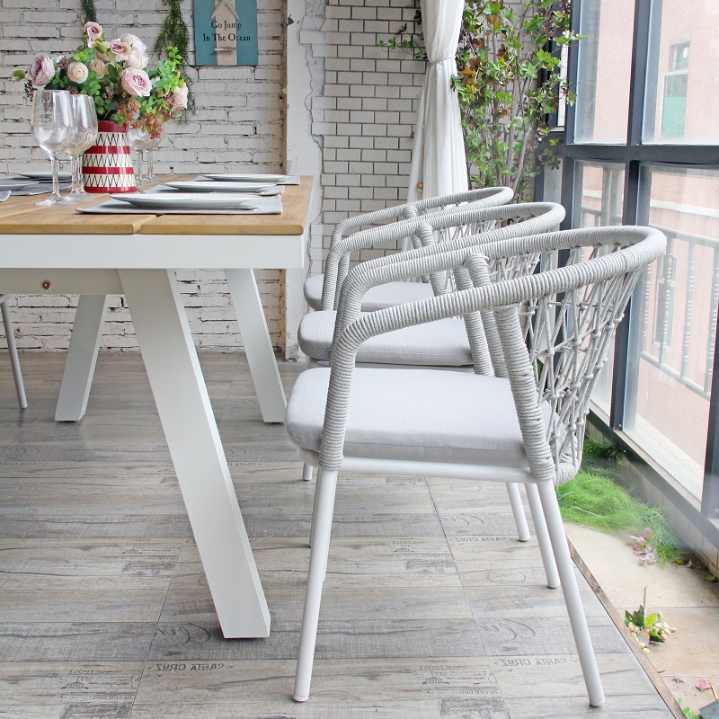Modern Leisure Aluminium Frame Mesh Back Rattan Wicker Rope Outdoor Dining Armchair