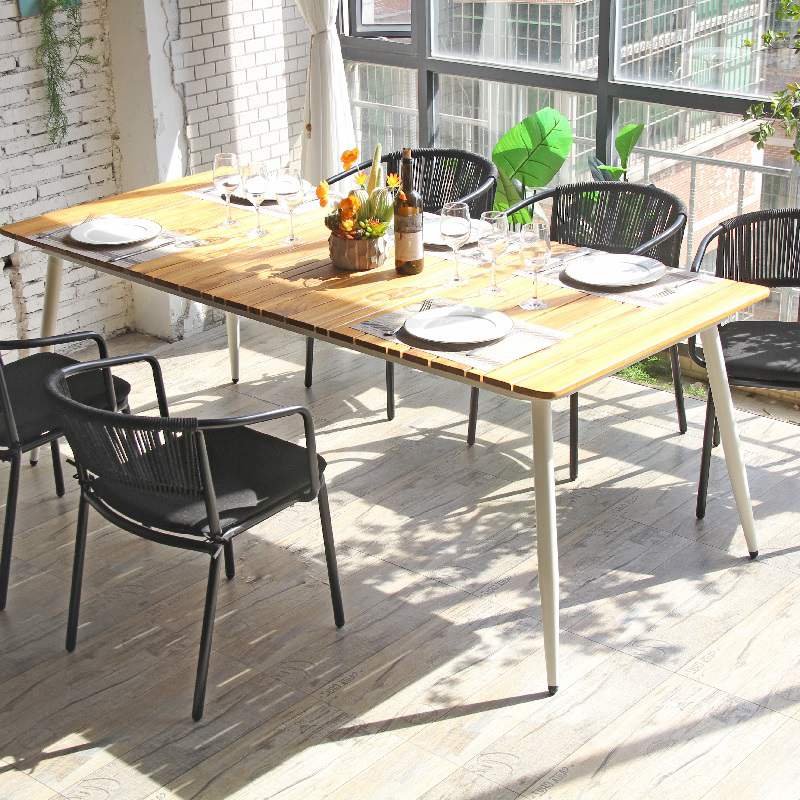 Teak Wood Outdoor Table Aluminum Frame Teakwood Top 8 Seater Rectangular Outdoor Dining Table
