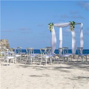Cadeira traseira transversal da festa ao ar livre e mesa de eventos para banquete de casamento na praia