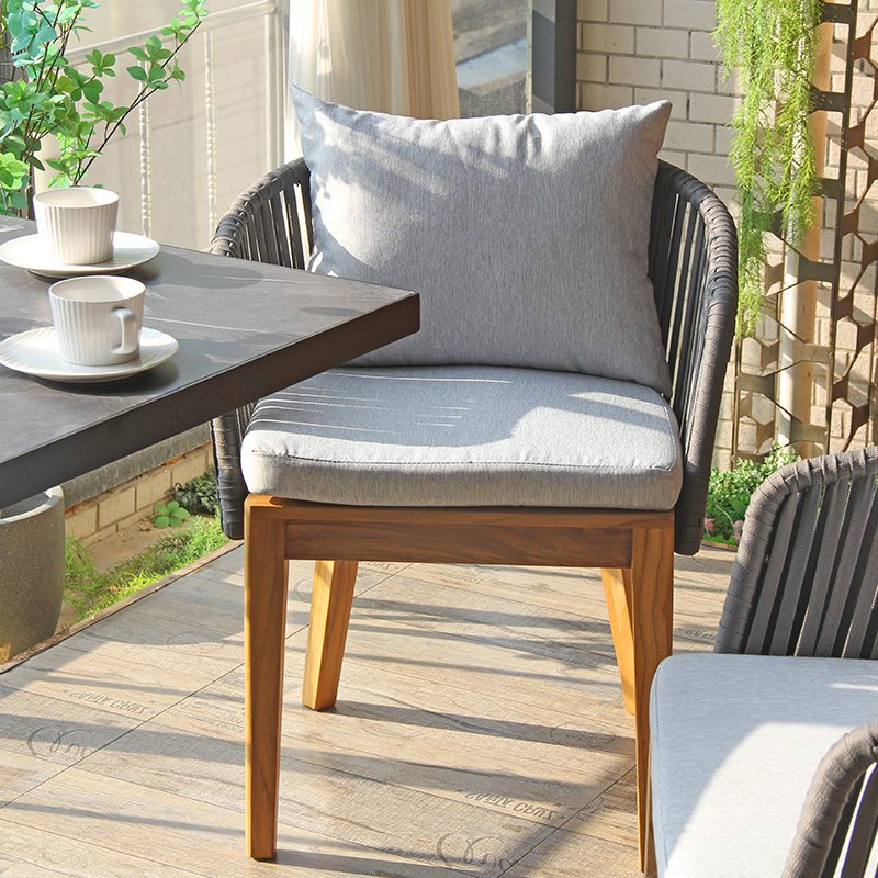 Outdoor Courtyard Chair Rope Woven Wood Base Garden Dining Chair