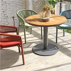 Commerciële ronde eettafel met aluminium poten en teakhouten blad voor buiten