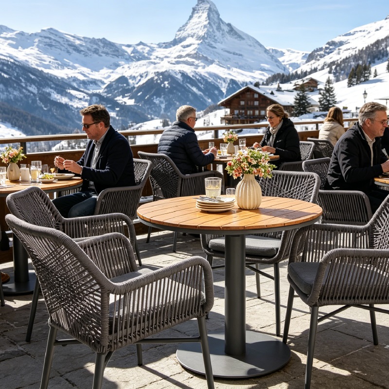 Meja Makan Luar Komersial Tahan Cuaca dan Kerusi Untuk Resort Switzerland