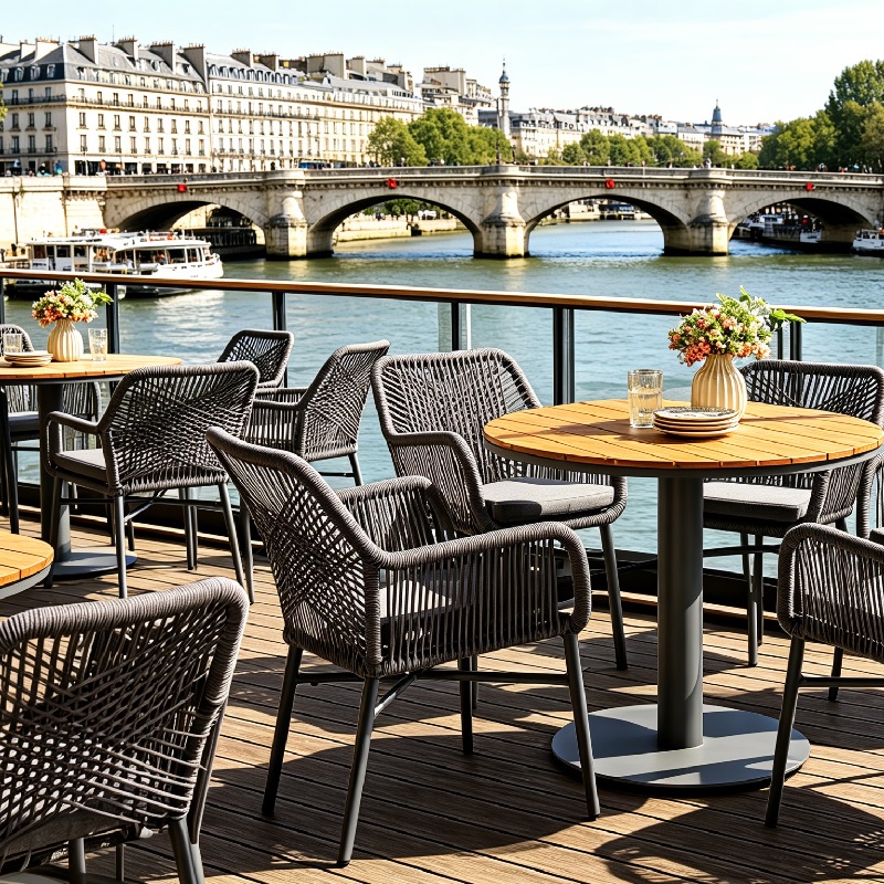 Matstolar i vävt rep för utomhusbruk och bistrobord för La Rive Fine Bistro
