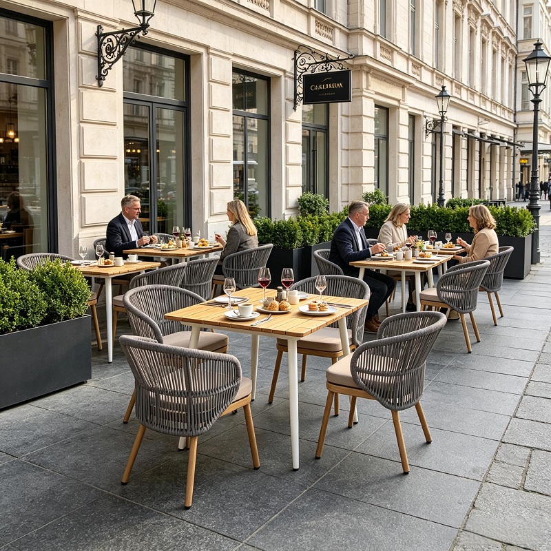 Eetkamerstoelen en -tafels van geweven touw voor buiten, geschikt voor brasserie Altstadt Eck.