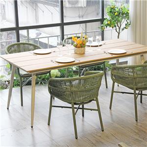 Mesa de comedor comercial para patio, resistente a la intemperie, con tablero de madera contrachapada y patas de aluminio.