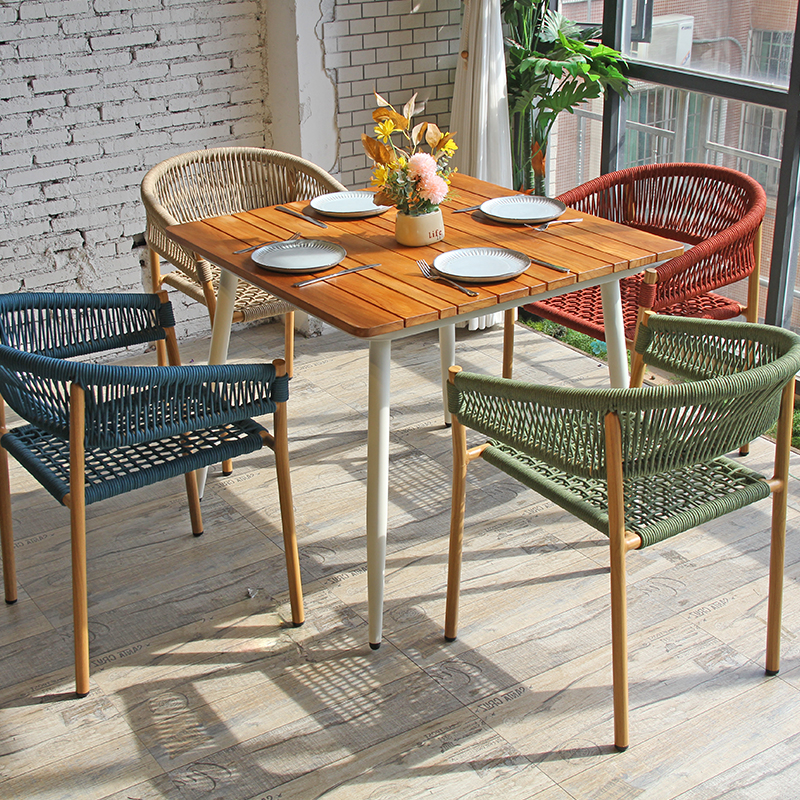 Multicolor Handwoven Rope Chair Teak Colored Frame For Outdoor Area