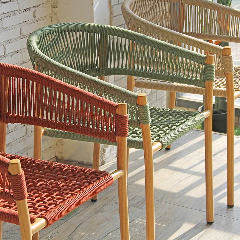 Multicolor Handwoven Rope Chair Teak Colored Frame For Outdoor Area