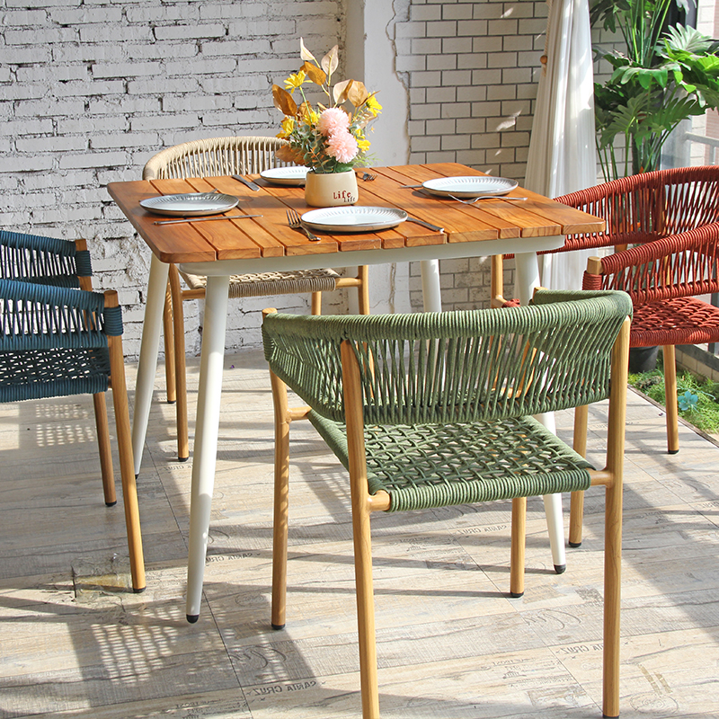Multicolor Handwoven Rope Chair Teak Colored Frame For Outdoor Area