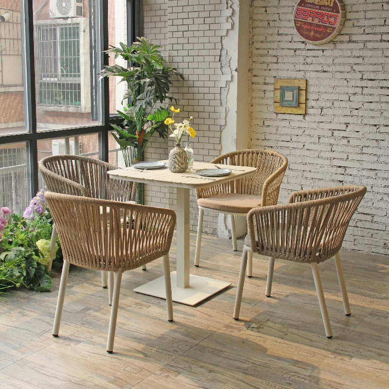 Bistro Cafe Outdoor Rope Woven Chair Aluminum Dining Table Furniture Set