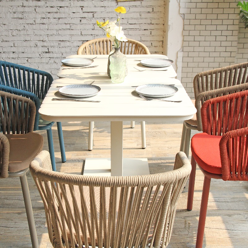 Bistro Cafe Outdoor Rope Woven Chair Aluminum Dining Table Furniture Set