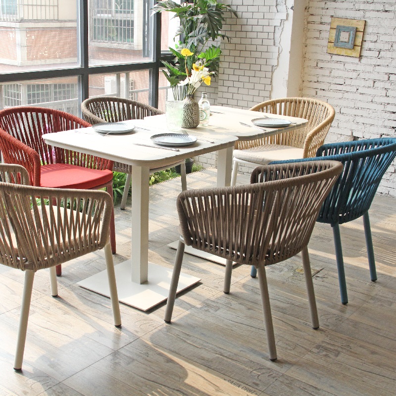 Bistro Cafe Outdoor Rope Woven Chair Aluminum Dining Table Furniture Set