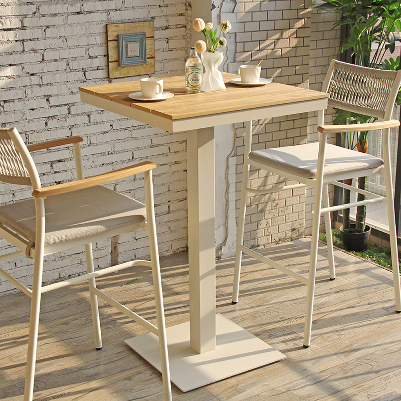 Modern Patio Square Faux Wood Top Aluminum Outdoor Cafe Bar High Table