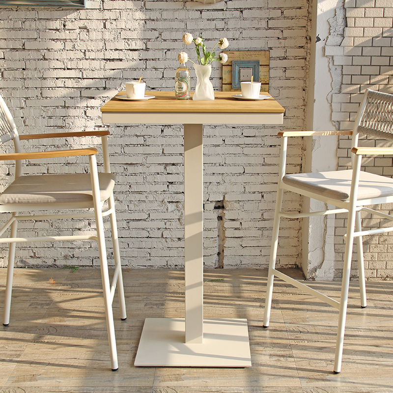 Modern Patio Square Faux Wood Top Aluminum Outdoor Cafe Bar High Table