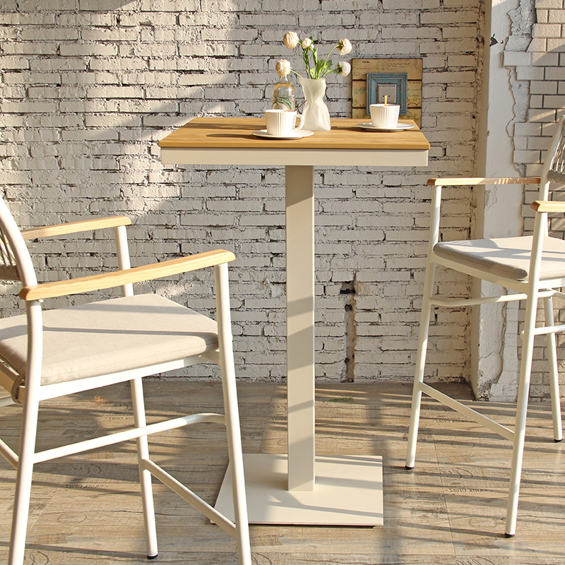 Modern Patio Square Faux Wood Top Aluminum Outdoor Cafe Bar High Table