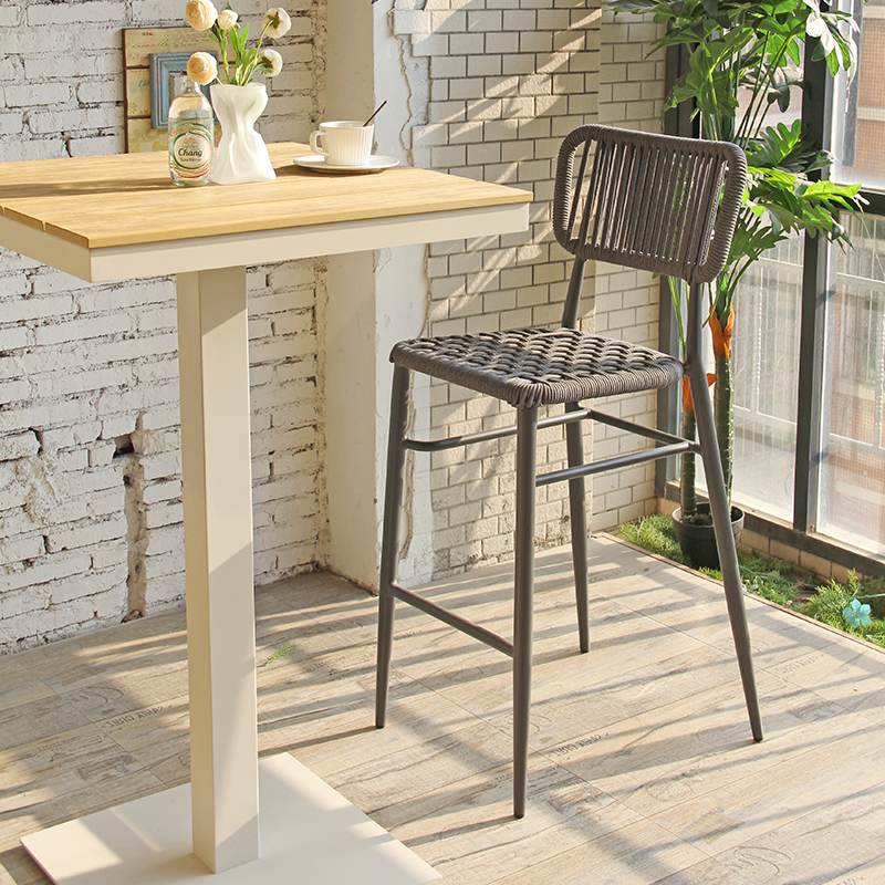 Modern Patio Square Faux Wood Top Aluminum Outdoor Cafe Bar High Table