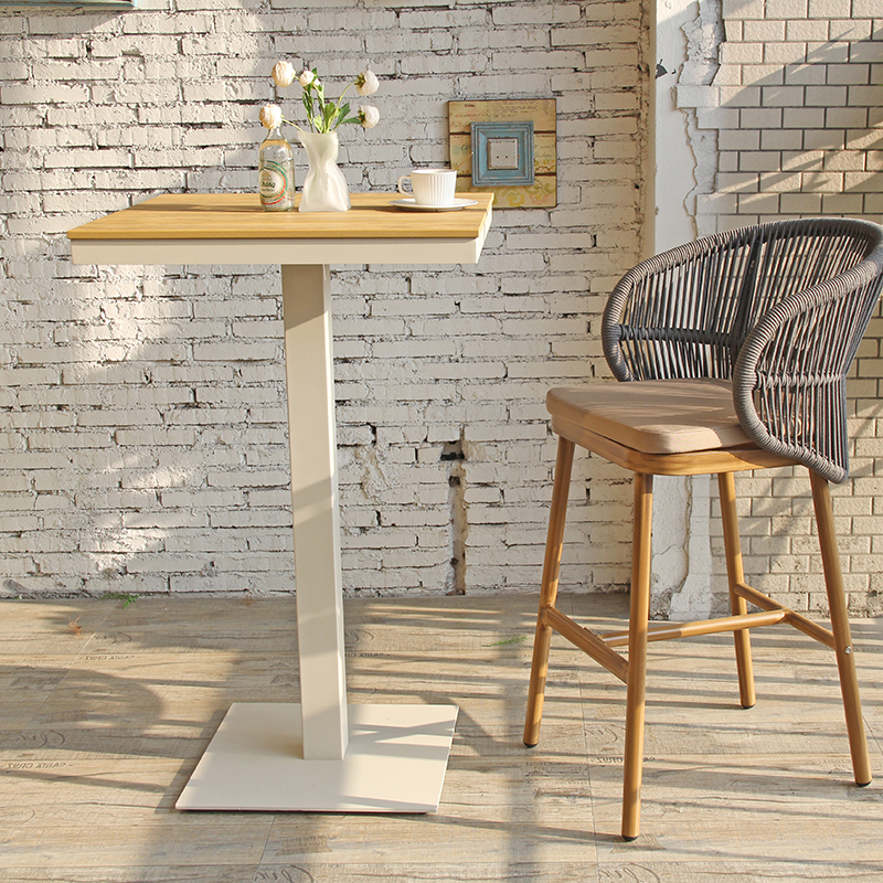 Modern Patio Square Faux Wood Top Aluminum Outdoor Cafe Bar High Table
