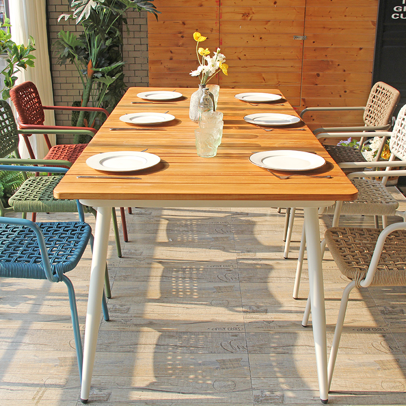 Outside Dining Furniture Set Teak Wood Table Woven Rope Chairs With Aluminium Frame