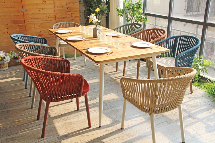 Multi Color Outdoor Dining Furniture Rope Chairs Rectangle Wood Table Set (11).JPG