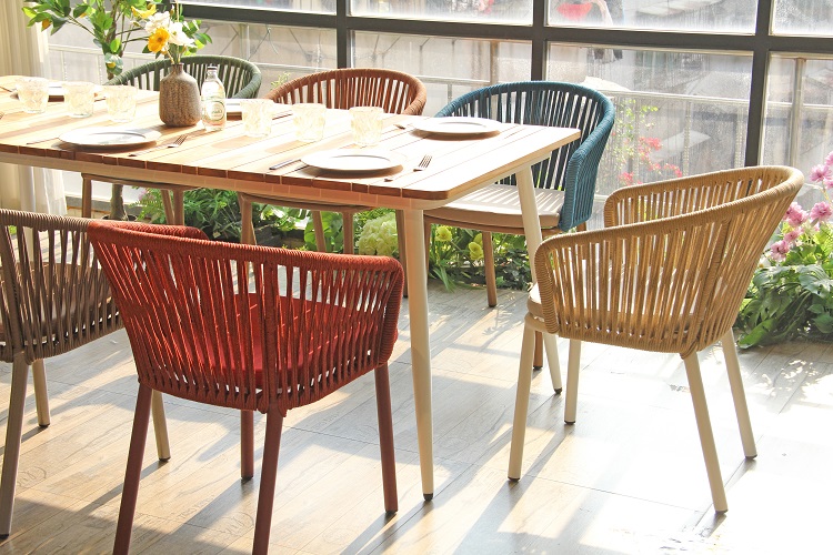 Multi Color Outdoor Dining Furniture Rope Chairs Rectangle Wood Table Set (10).JPG