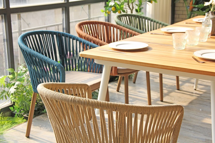 Multi Color Outdoor Dining Furniture Rope Chairs Rectangle Wood Table Set (12).JPG