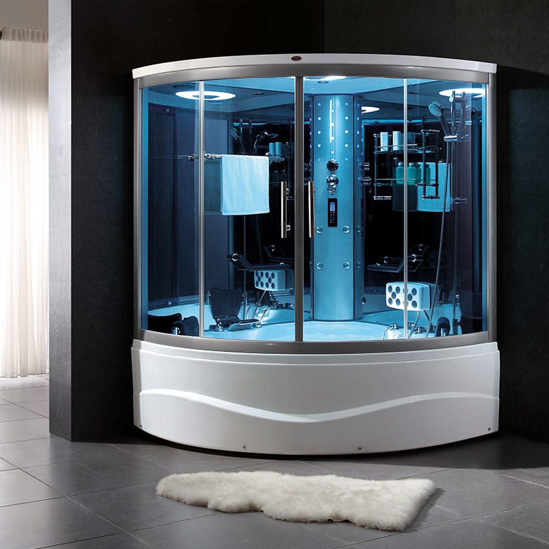 Big Blue Glass Corner Steam Room With Jacuzzi And Foot Massage