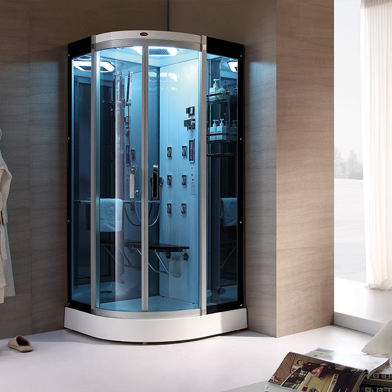 Small Corner Blue Glass Shower Steam Room With Retractable Chair
