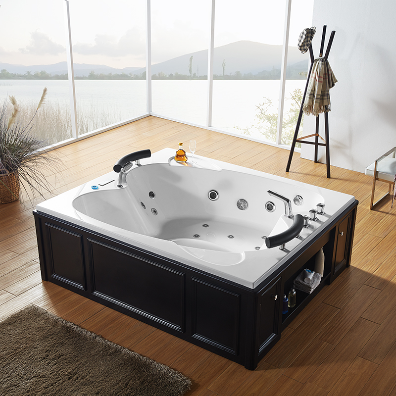 2 person square free standing wooden skirt digital control panel whirlpool with bubble led bluetooth radio
