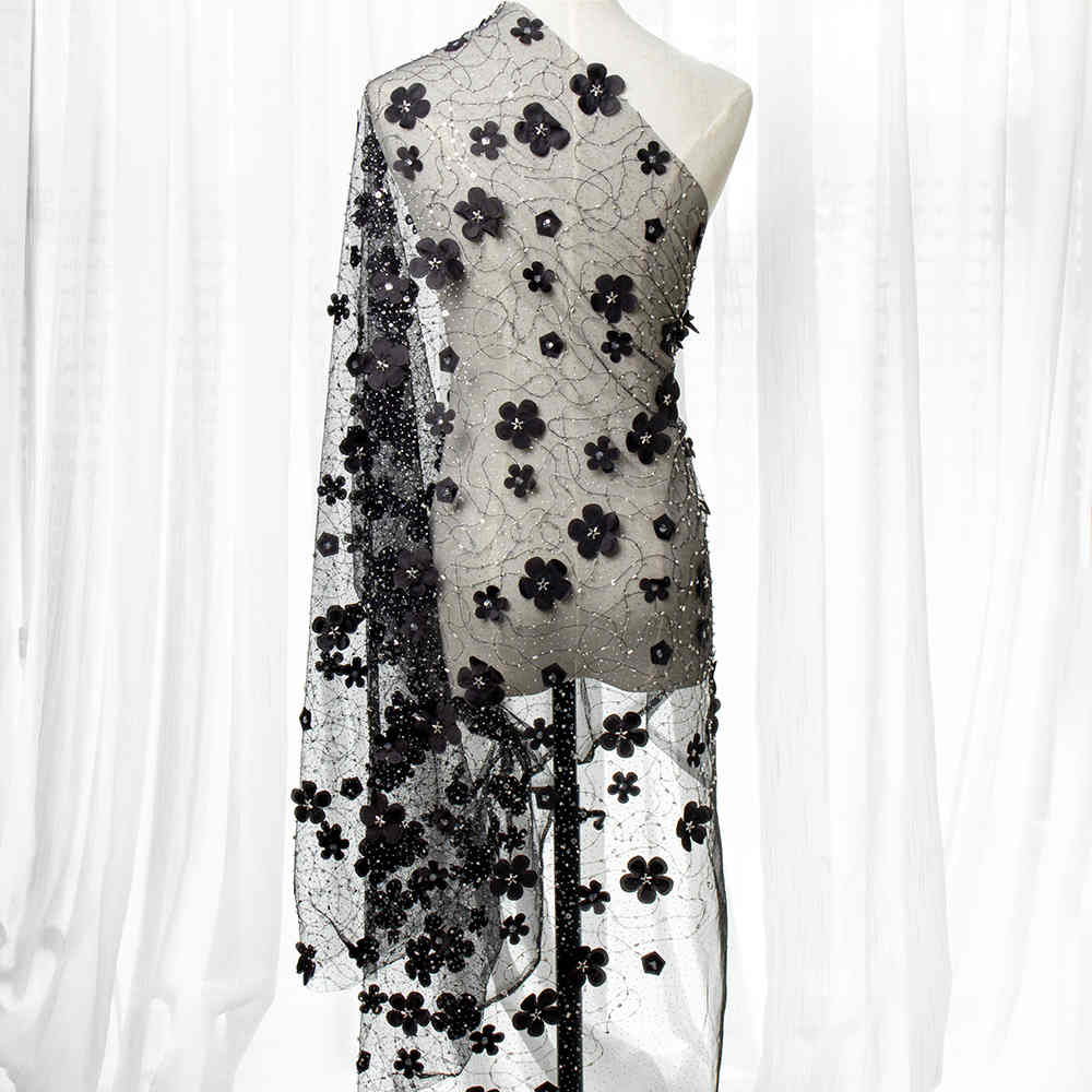 Ткань цветка Секин сетки искры черная для ткани платья танца и вечера