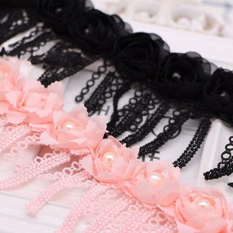 Pink 3D Beaded Flower Embroidery Tassel Fringle Lace