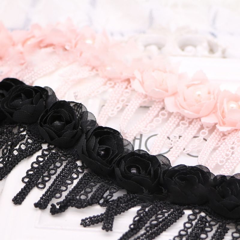 Pink 3D Beaded Flower Embroidery Tassel Fringle Lace