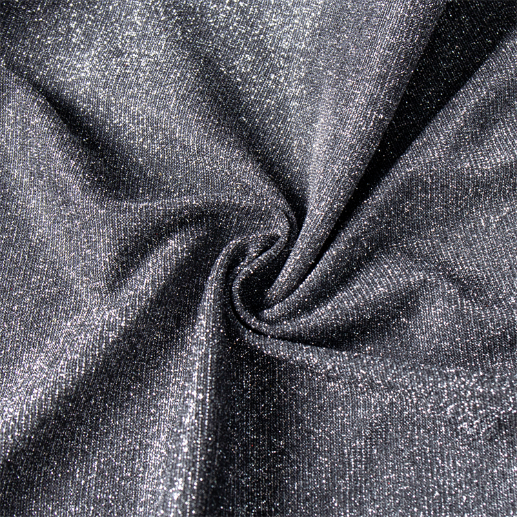 Wholesale Polyester Tricot Shining Powder Coated Black Vinyl Fabric Glitter Stretch Lurex Metallic Thread Viscose Fabric