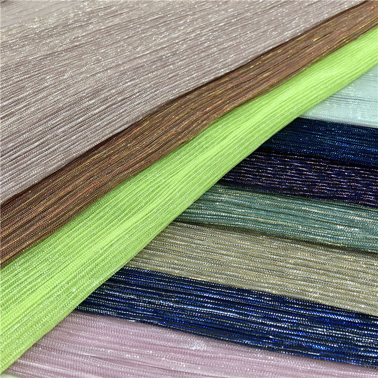 Hot Sale Metallic Bright Silk Moonlight Lurex Fabric Shiny Crease Pleated Lurex Knit Fabric Elastic Polyester Fabric