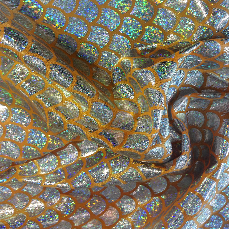 Hot Sale Popular Magic Color Laser Fish Scale Polyester Fabric Gold Stamping Fabric Mermaid Bronzing Holographic Foil Fabric