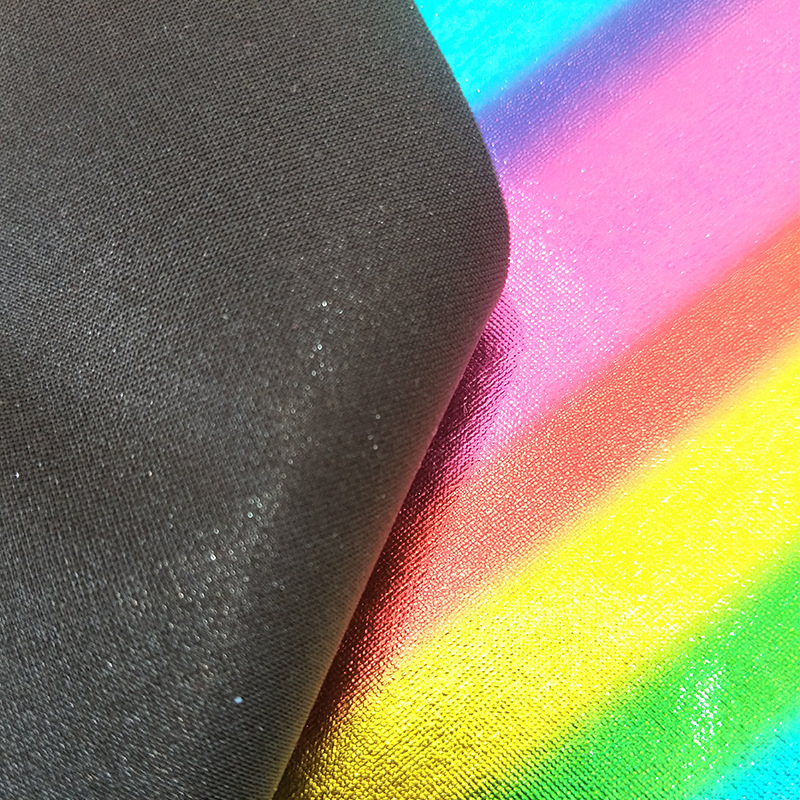 Китай Оптовая 4 Way Stretch Rainbow Color Bronzing Fabric Sparkle Holographic Hot Stamp Fabric Красочная ткань из золотой фольги, производитель