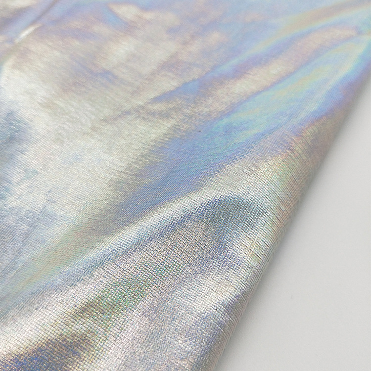 New Design Magic Color Bronzing Elastic Fabric Latin Dance Dress Knitted 4 Way Holographic Foil Fabric Gold Stamping Fabric