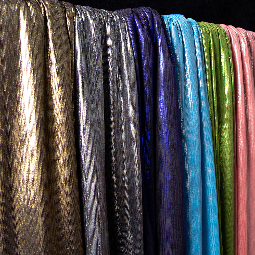 Горячая продажа полоски блестящей серебряной ткани с люрексом, эластичной ткани на заказ, блестящей металлической стрейч-ткани