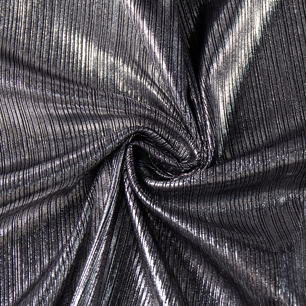 Китай Горячая продажа полоски блестящей серебряной ткани с люрексом, эластичной ткани на заказ, блестящей металлической стрейч-ткани, производитель