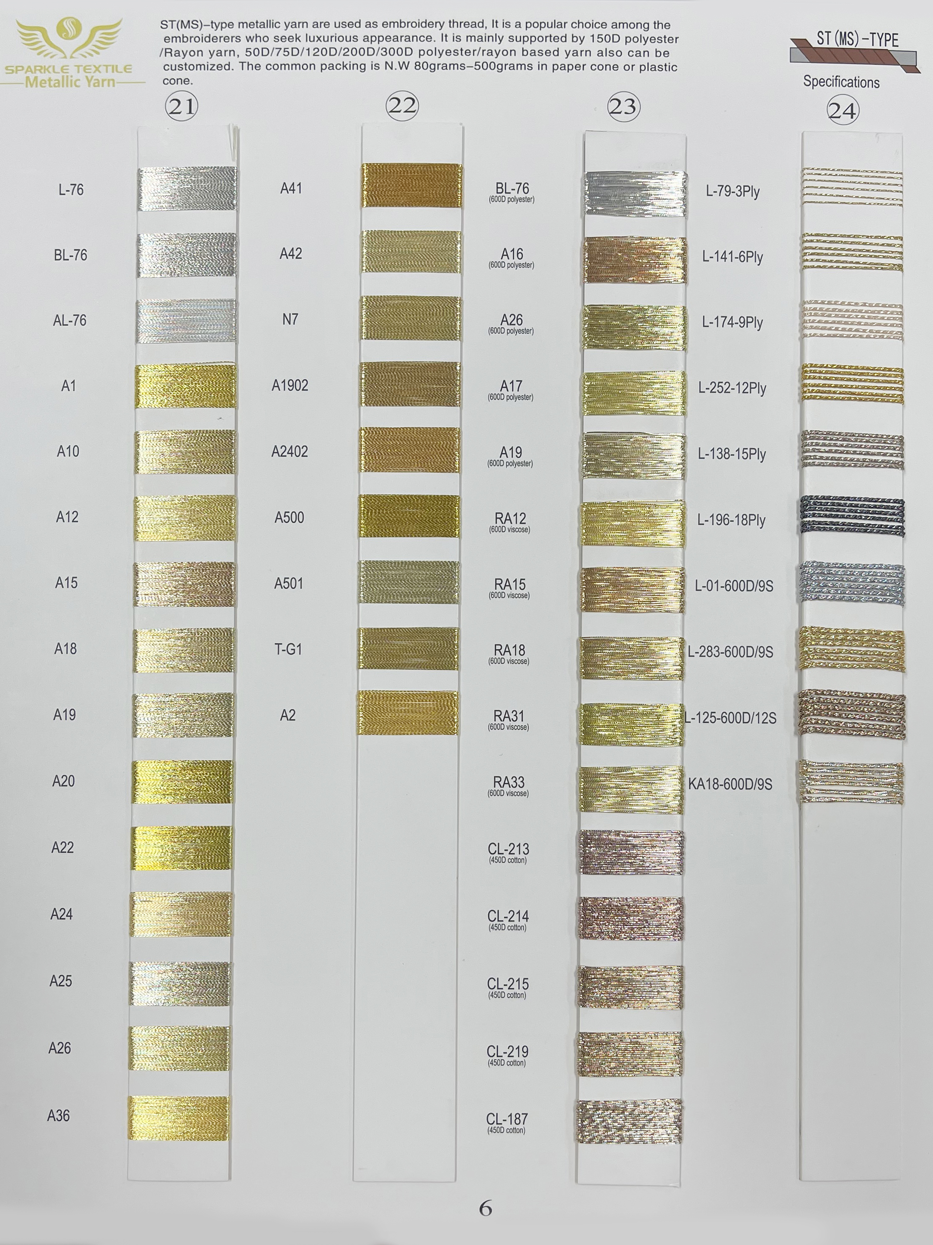 For Dubai Market First Grade Quality S-47 S-48 S-52 S-54 Pure Gold Pure Silver MS-Type Metallic Yarn Embroidery Threads