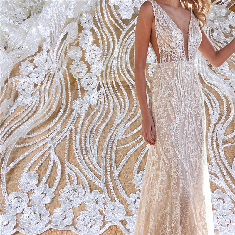 Tecido de bordado de lantejoulas de luxo de cristal de noiva branco tecido de renda de lantejoulas tecido de lantejoulas para vestido de noiva