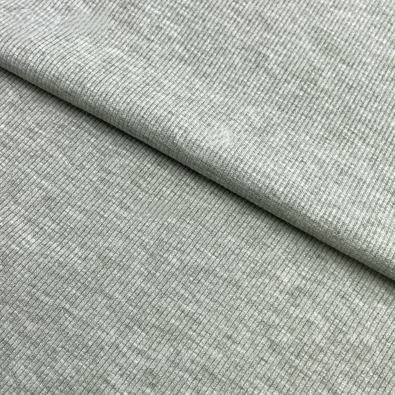 280gsm Silver Metallic Yarn Sparkle 2x2 Rib Knitted Fabric with Nylon & Rayon for Winter Dress Lining