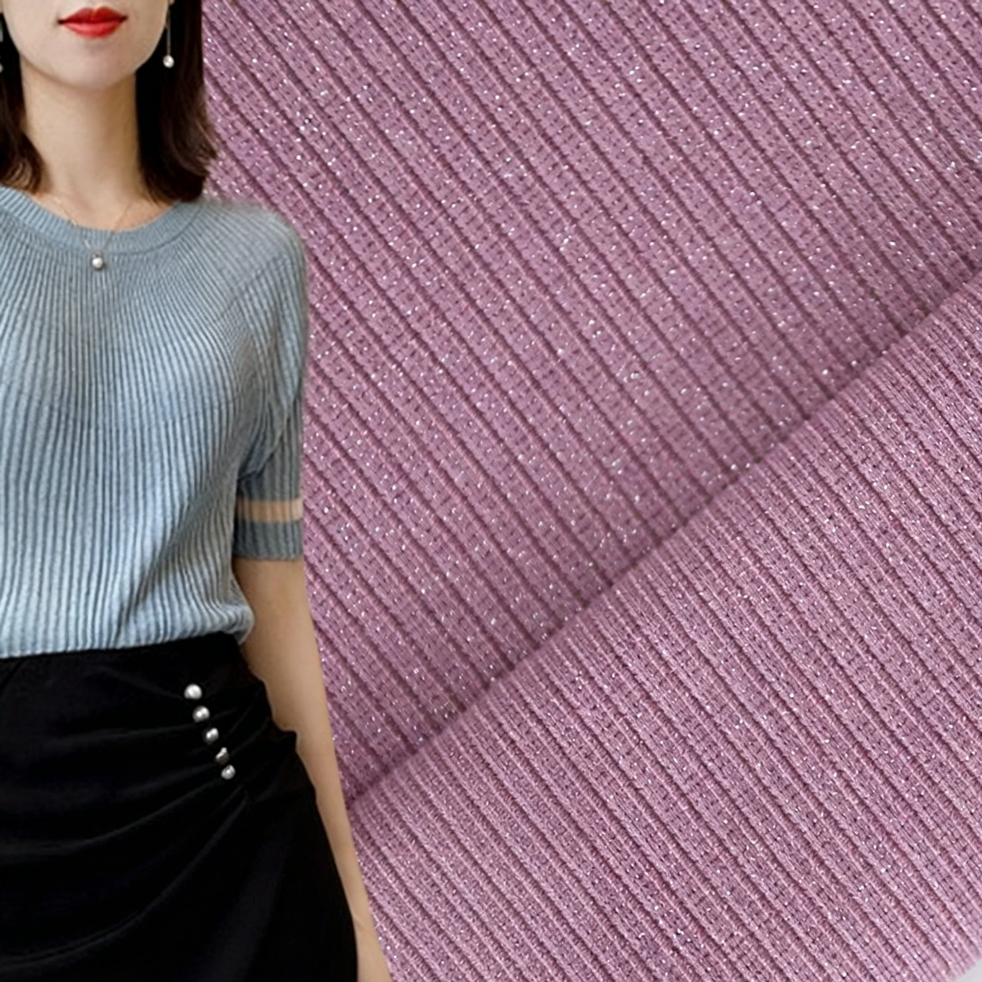 180GSM Metallic Yarn Silver Lurex Shiny Rib Knit Fabric Glitter Stripe Textile Shiny Glitter Stripe for Dress & Gown