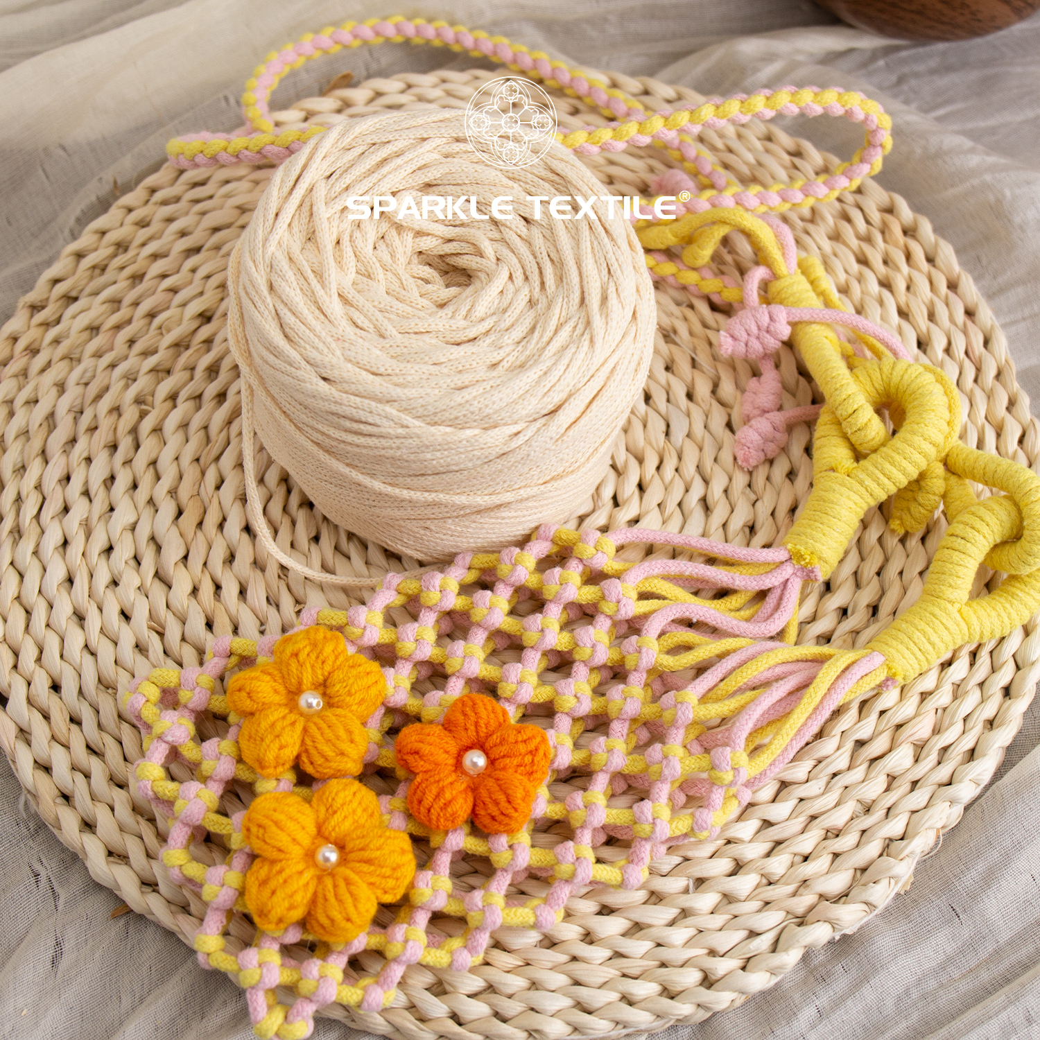 Hollow Cotton Linen Blend Round Ply Yarn Trendy Crochet Thread for DIY Beach Bags, Mesh Net Bags