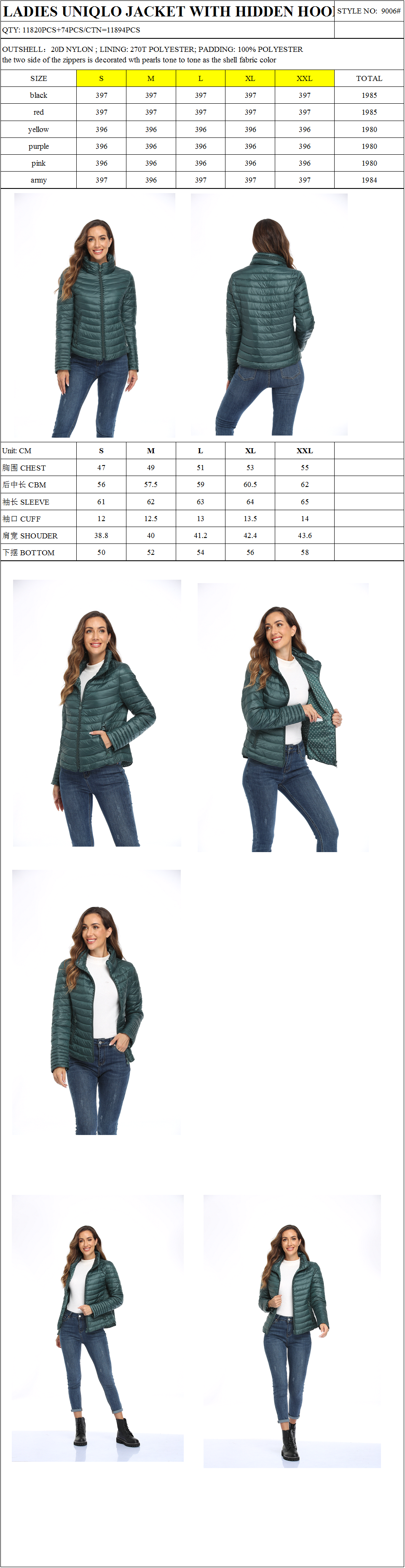OUTSHELL：20D NYLON ; LINING: 270T POLYESTER; PADDING: 100% POLYESTER the two side of the zippers is decorated wth pearls tone to tone as the shell fabric color