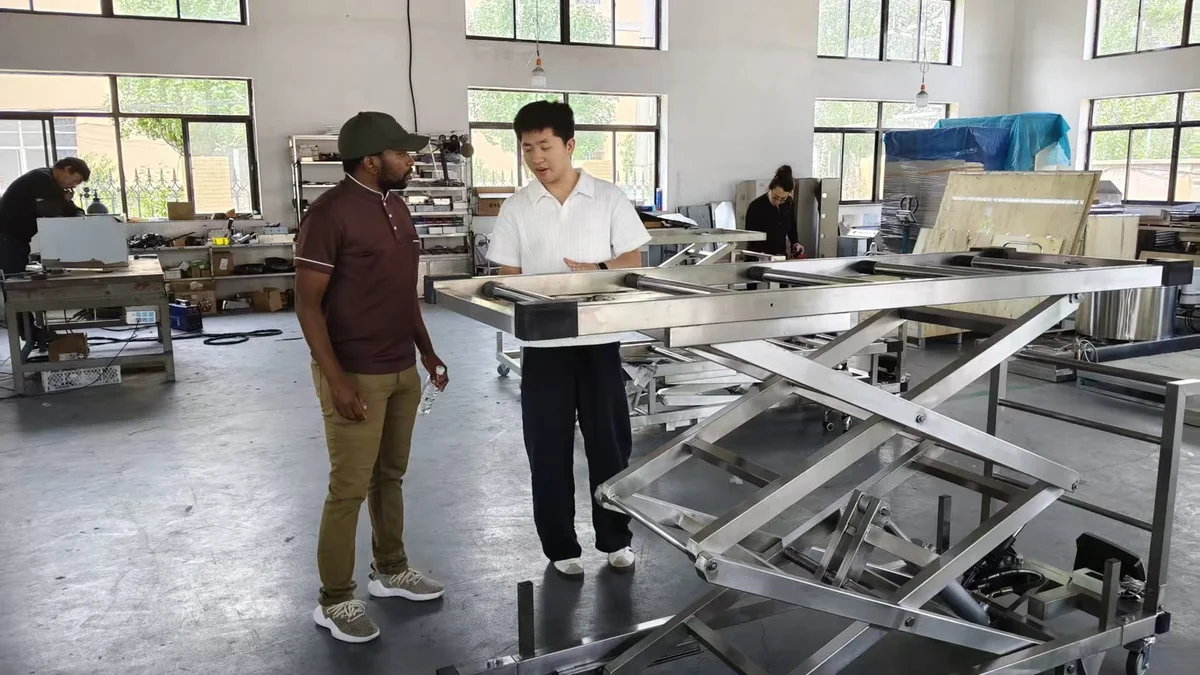 UK Customer Visits Roundfin Factory to Inspect Mortuary Lift and Autopsy Equipment